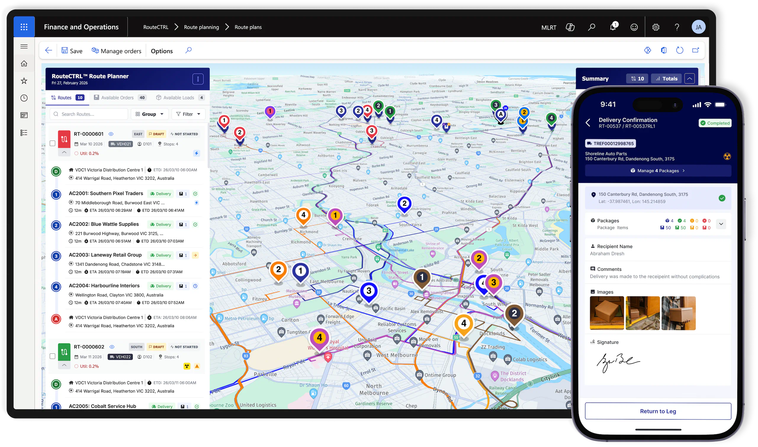 RouteCTRL Microsoft Dynamics 365 SCM Route Planner with delivery confirmation in Operator App